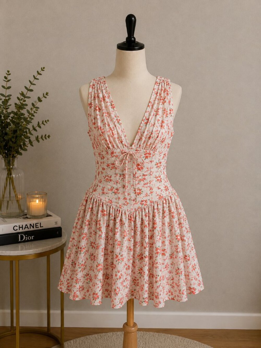 Cream Floral Tie-Front Sundress